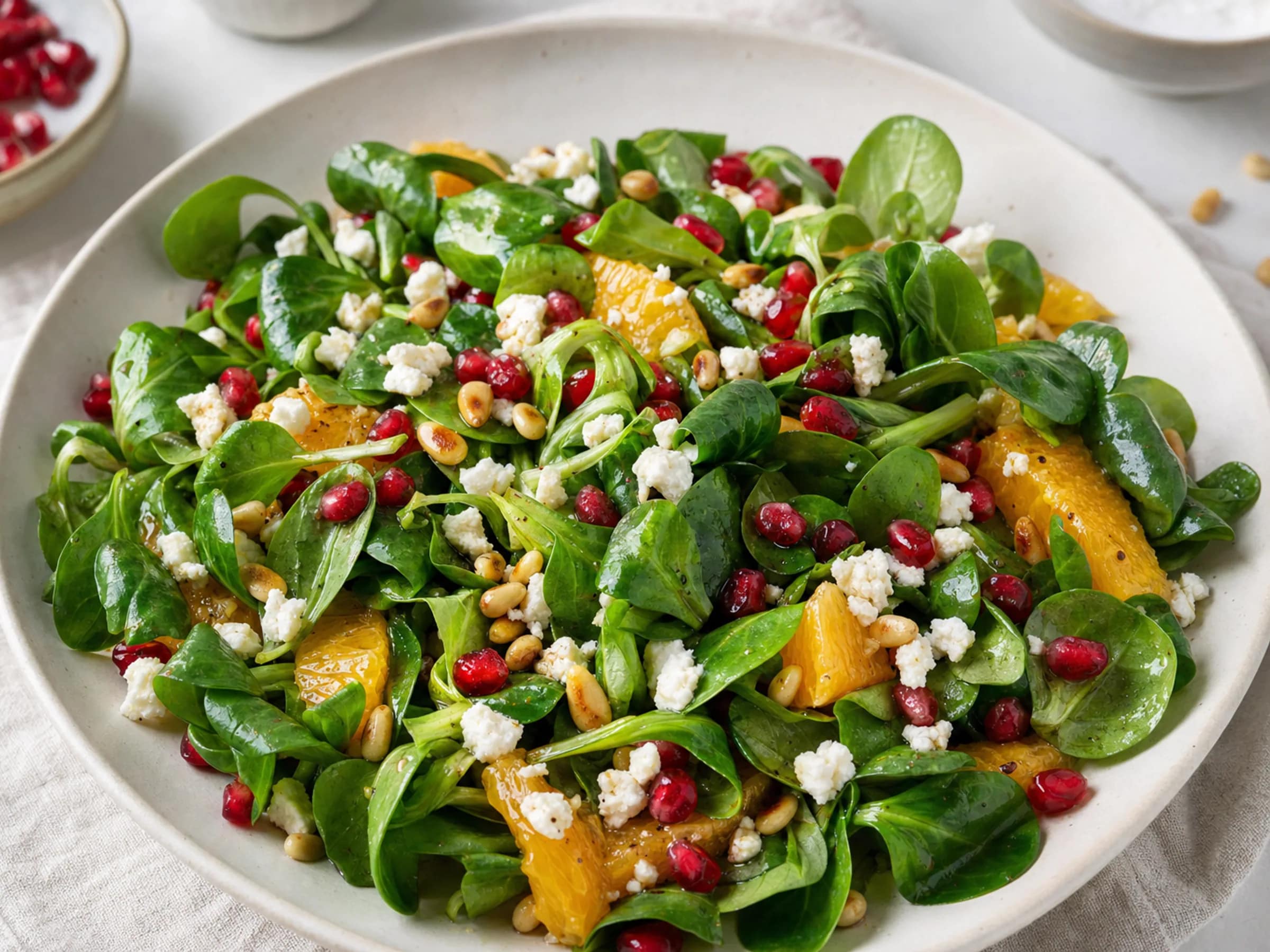 Feldsalat mit Granatapfel, Feta und Orangen-Dressing